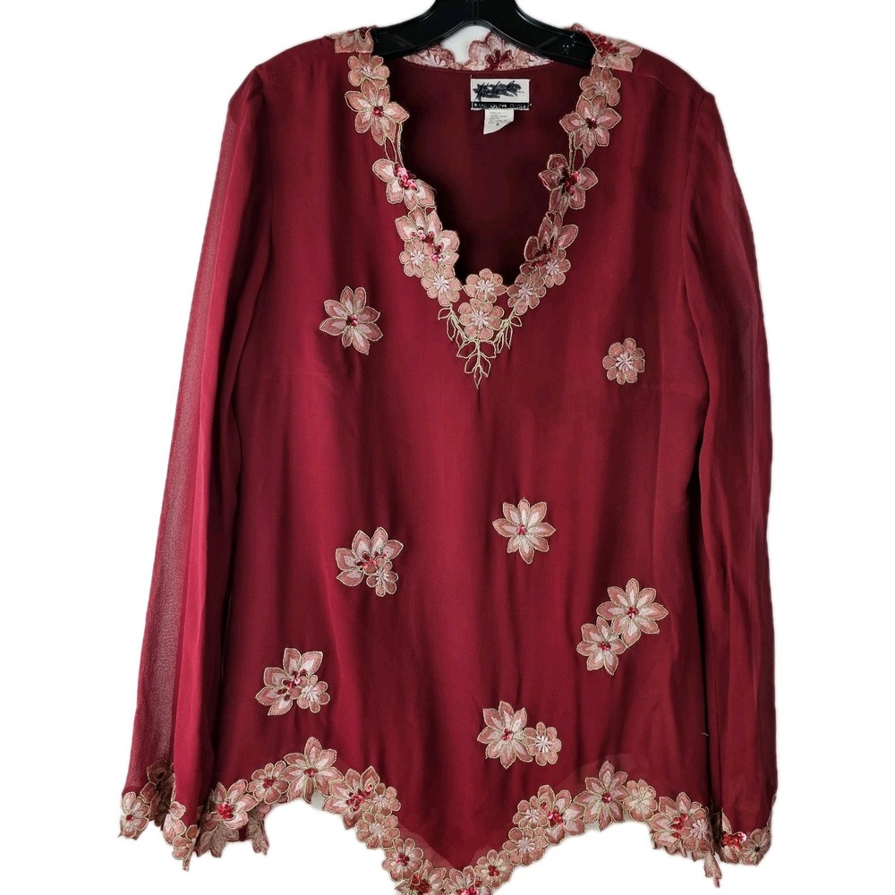 Vintage The Look‎ Randolph Duke Womens Red Silk Floral Sequin Top Long Sleeve 8